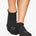 Close up photo of a woman's feet wearing black socks with a happy face on the top of the foot